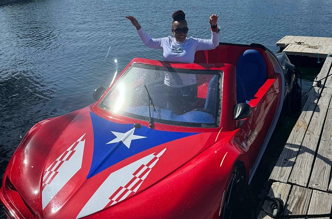 San Juan Watersports Car Rentals Red Bugatti - Driving across San Juan Bay